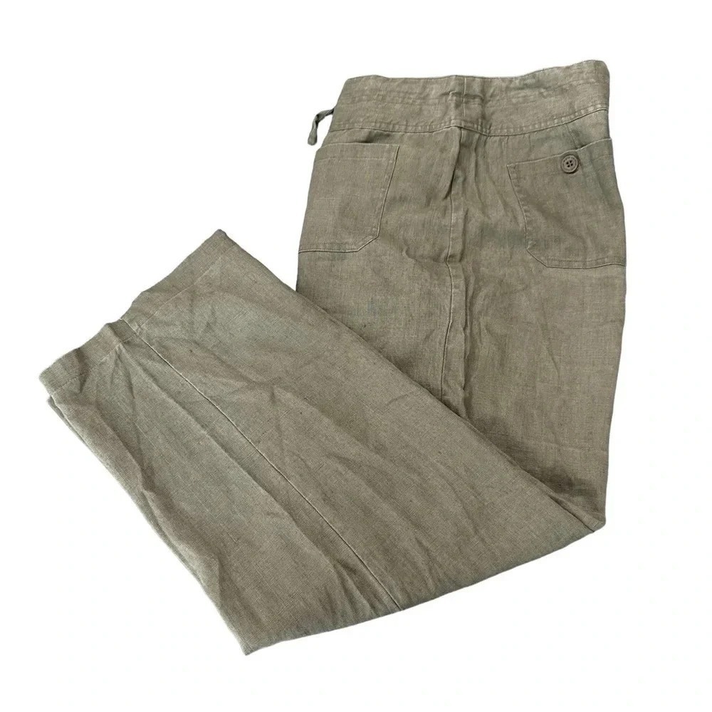 Workshop Andrea Jovine Linen Pants 10 Green Wide Leg Drawstring Utility Coastal